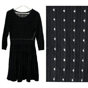 Nina Leonard Sweater Dress Size M Black White Polka Dot Ribbed Pleat L/S Stretch